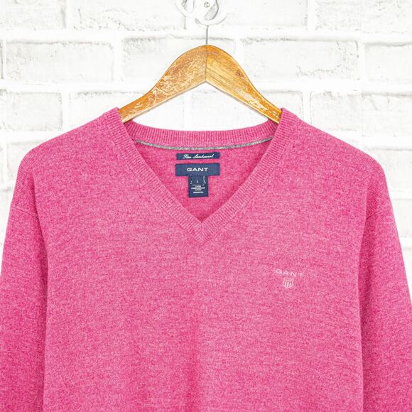 GANT Size Large Fine Lambswool Vneck Pullover Sweater in Pink Knit - Picture 3 of 7